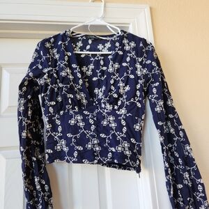 Lulu's Midnight Blue Embroidered Blouse Sz Medium